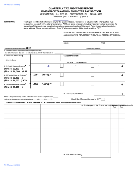 Fillable Form Tx-17 - Quarterly Tax And Wage Report - 2013 Printable pdf