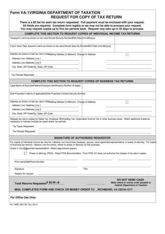 Fillable Form Va-1 - Request For Copy Of Tax Return Printable pdf