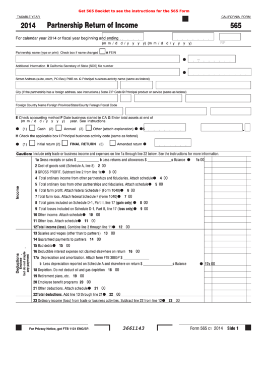 Fillable California Form 565 - Partnership Return Of Income - 2014 Printable pdf
