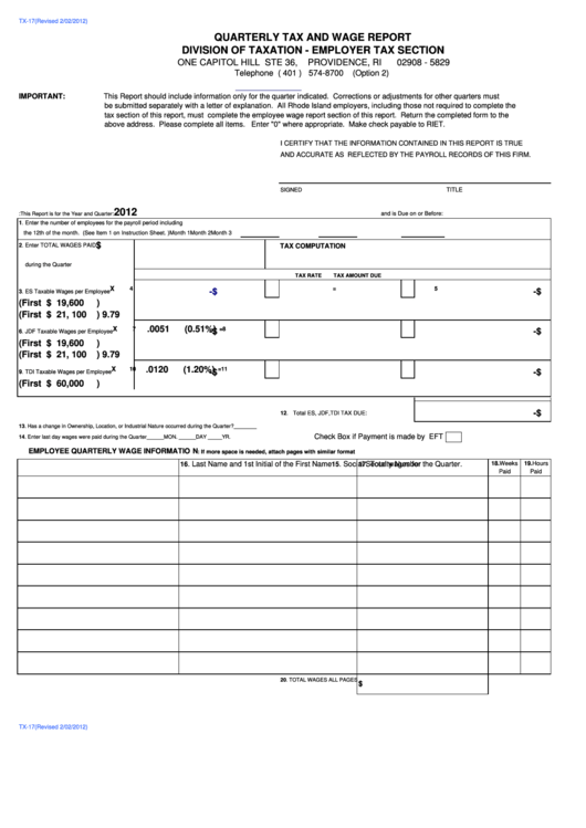 Fillable Form Tx-17 - Quarterly Tax And Wage Report - 2012 Printable pdf