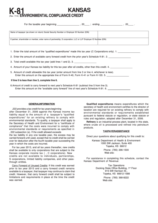 Fillable Schedule K-81 - Kansas Environmental Complaince Credit Printable pdf