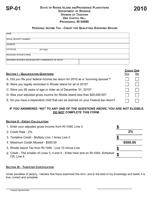Form Sp-01 - Personal Income Tax - Credit For Qualifying Surviving Spouse - 2010 Printable pdf