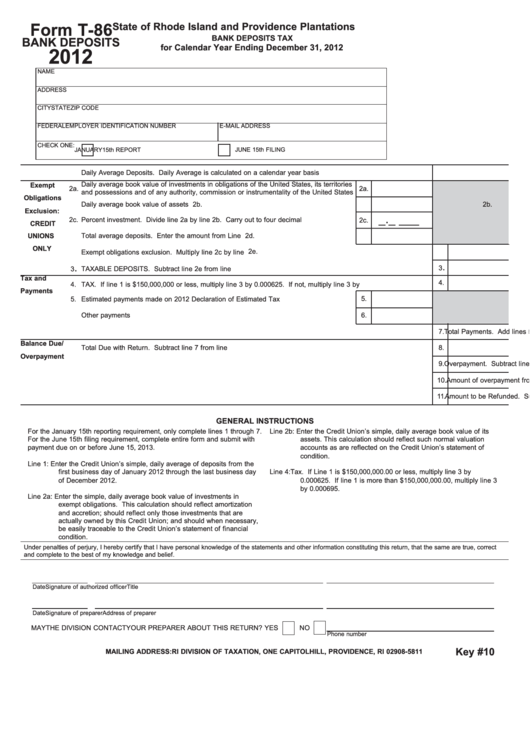 Fillable Form T-86 - State Of Rhode Island And Providence Plantations - 2012 Printable pdf