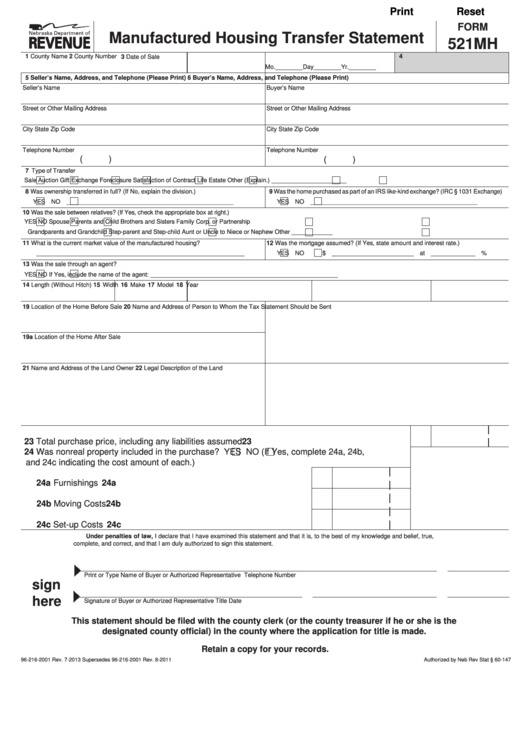 Fillable Form 521mh - Manufactured Housing Transfer Statement Printable pdf