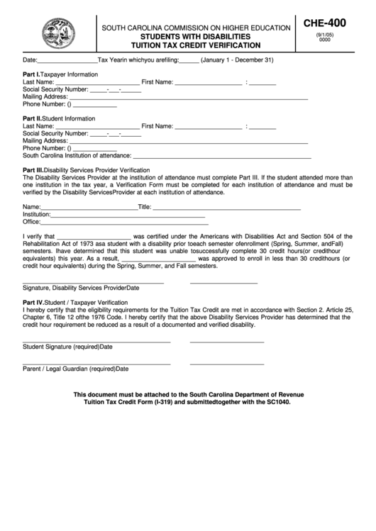 Form Che-400 - Students With Disabilities Tuition Tax Credit Verification Printable pdf