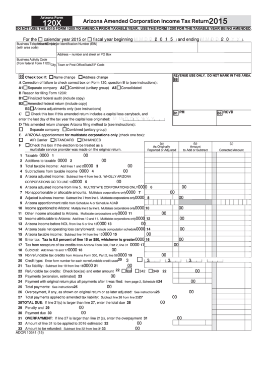 Fillable Arizona Form 120x - Arizona Amended Corporation Income Tax Return - 2015 Printable pdf