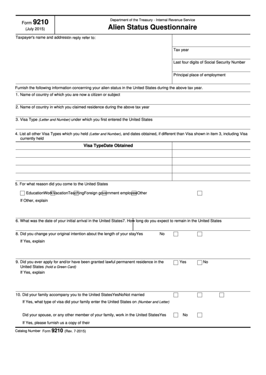 Fillable Form 9210 - Alien Status Questionnaire Printable pdf