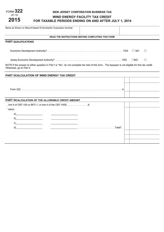 Fillable Form 322 - Wind Energy Facility Tax Credit - 2015 Printable pdf