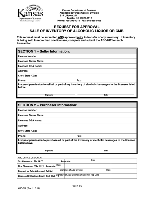 Fillable Form Abc-812 - Request For Approval Sale Of Inventory Of Alcoholic Liquor Or Cmb Printable pdf