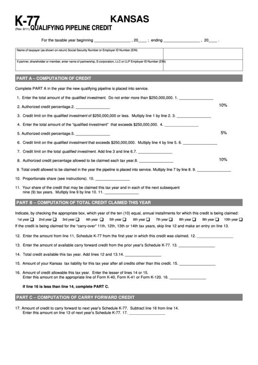 Fillable Schedule K-77 - Kansas Qualifying Pipeline Credit Printable pdf