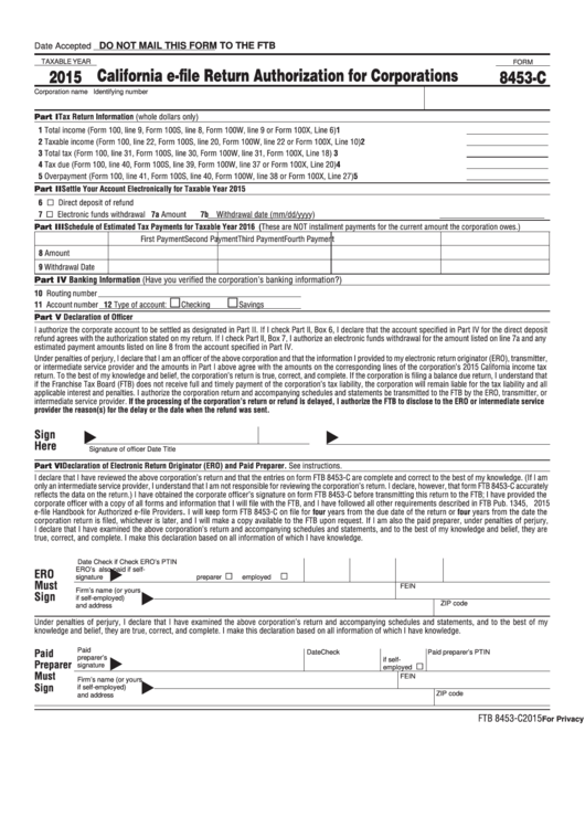 Form 8453-C - California E-File Return Authorization For Corporations - 2015 Printable pdf