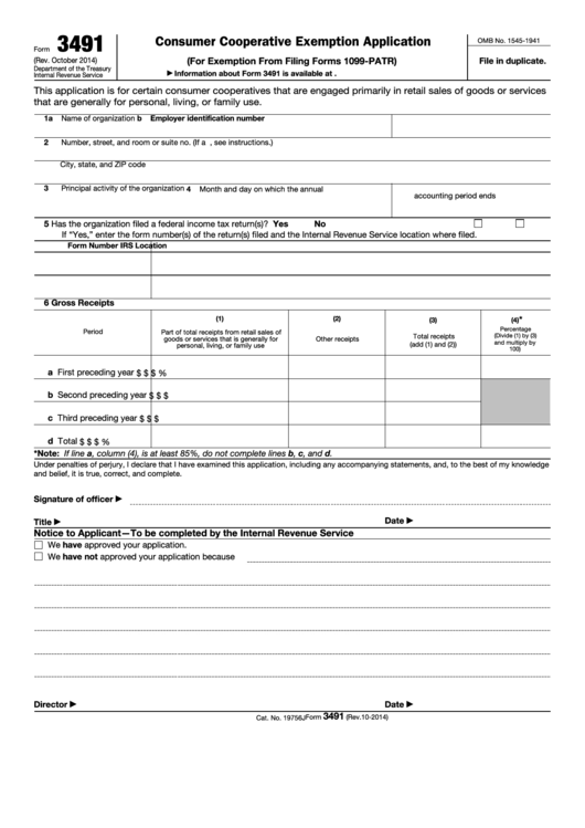 Fillable Form 3491 - Consumer Cooperative Exemption Application Printable pdf