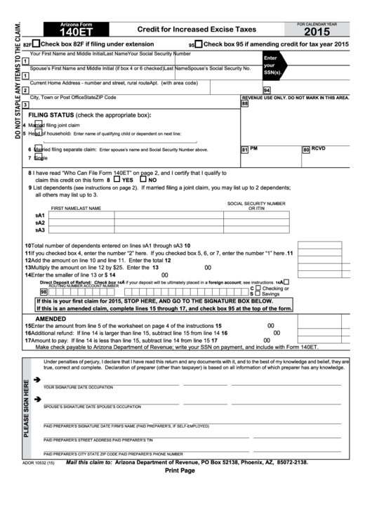 Fillable Arizona Form 140et - Credit For Increased Excise Taxes - 2015 Printable pdf
