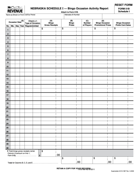 Fillable Form 51b - Nebraska Schedule I - Bingo Occasion Activity Report Printable pdf