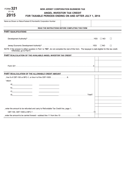 Fillable Form 321 - Angel Investor Tax Credit - 2015 Printable pdf