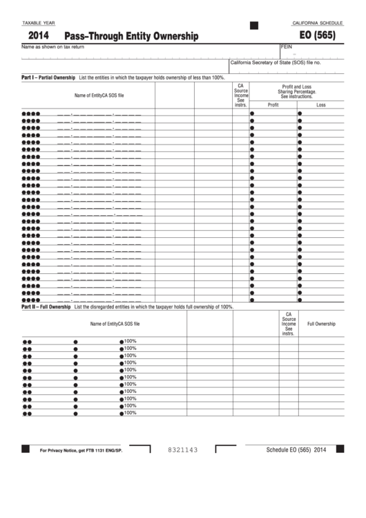 Fillable California Schedule Eo (565) - Pass-Through Entity Ownership - 2014 Printable pdf