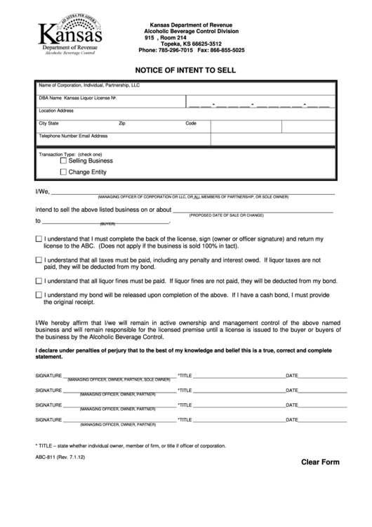 Fillable Form Abc-811 - Notice Of Intent To Sell Printable pdf