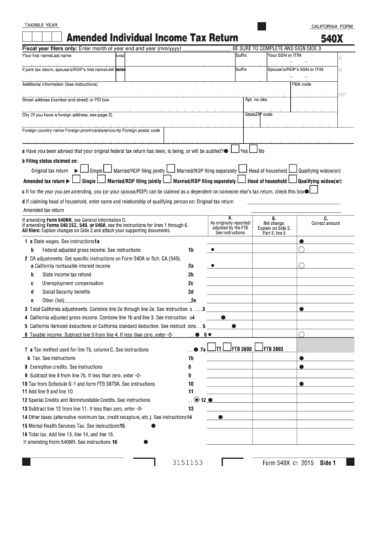 Fillable California Form 540x - Amended Individual Income Tax Return - 2015 Printable pdf