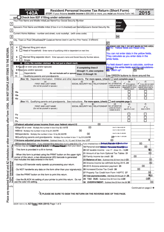 Fillable Arizona Form 140a - Resident Personal Income Tax Return (Short Form) Printable pdf