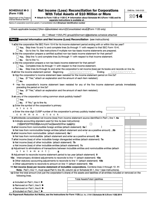 Fillable Form 1120 - Schedule M-3 - Net Income (Loss) Reconciliation For Corporations With Total Assets Of 10 Million Or More - 2014 Printable pdf