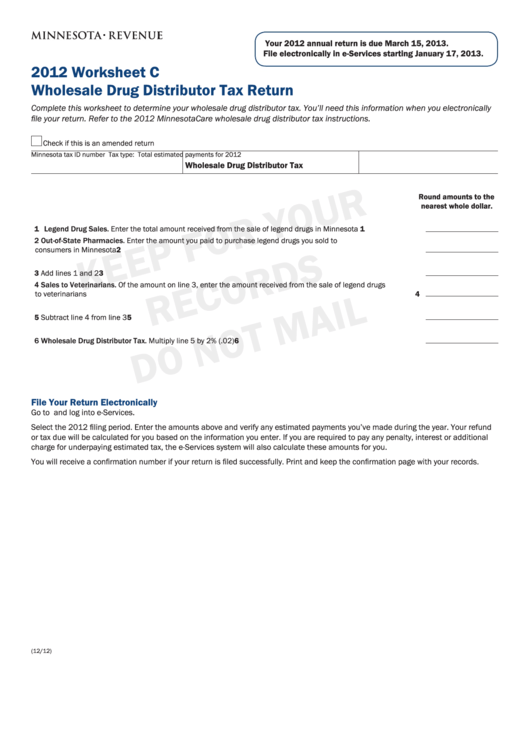 Fillable Worksheet C - Wholesale Drug Distributor Tax Return - 2012 Printable pdf