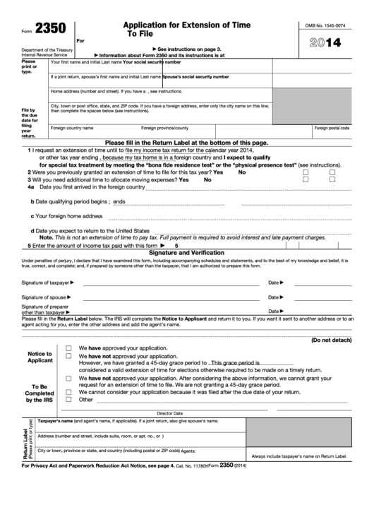 Fillable Form 2350 - Application For Extension Of Time To File U.s. Income Tax Return - 2014 Printable pdf