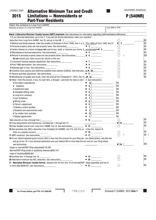Fillable California Form P (540nr) - Alternative Minimum Tax And Credit Limitations - Nonresidents Or Part-Year Residents - 2015 Printable pdf