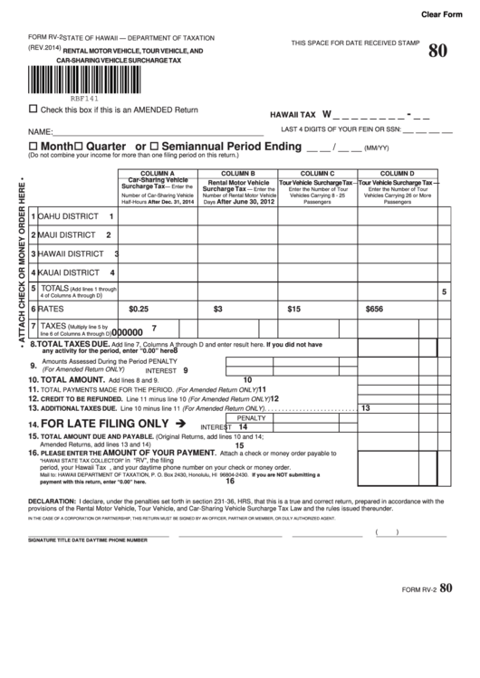Fillable Form Rv-2 - Rental Motor Vehicle, Tour Vehicle And Car-Sharing Vehicle Surcharge Tax Printable pdf
