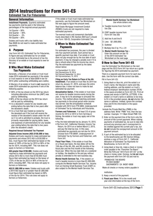Fillable California Form 541-Es - Estimated Tax For Fiduciaries - 2014 Printable pdf