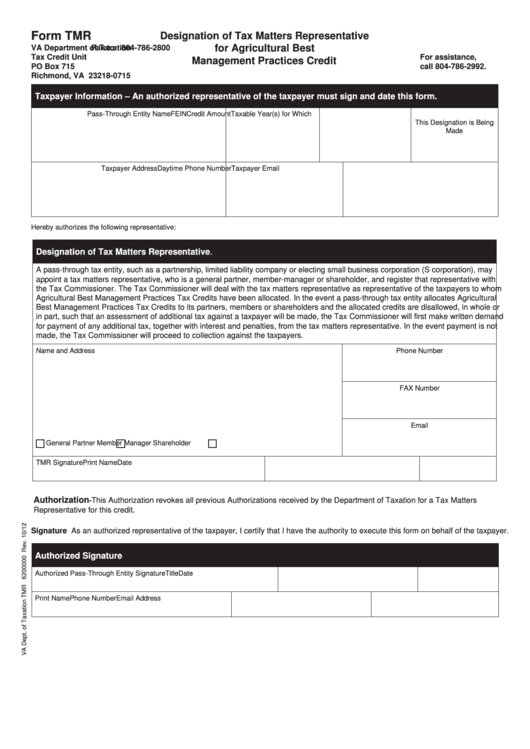 Fillable Form Tmr - Designation Of Tax Matters Representative For Agricultural Best Management Practices Credit Printable pdf