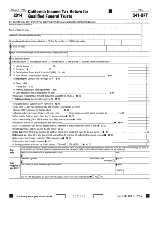Form 541-Qft - California Income Tax Return For Qualified Funeral Trusts - 2014 Printable pdf