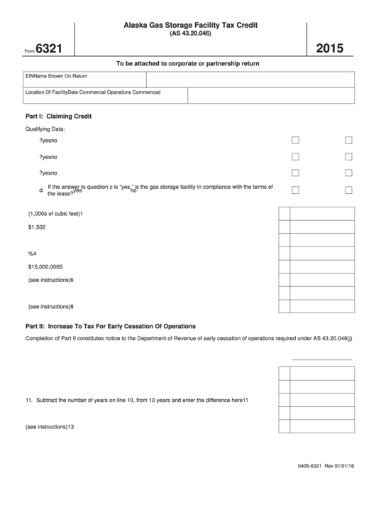 Form 6321 - Alaska Gas Storage Facility Tax Credit (As 43.20.046) - 2015 Printable pdf