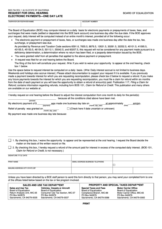 Fillable Form Boe-734 - Request For Oral Hearing Electronic Payments - One Day Late Printable pdf
