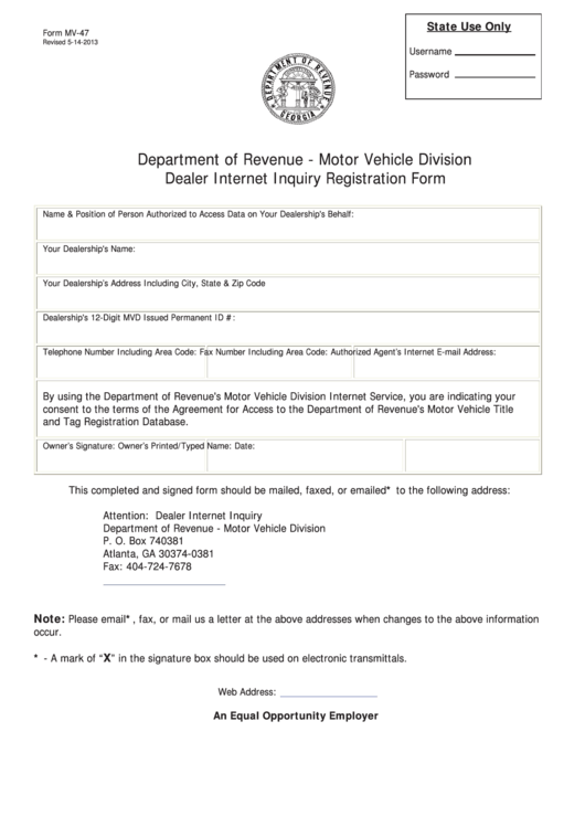 Fillable Form Mv-47 - Motor Vehicle Division Dealer Internet Inquiry Registration Form Printable pdf