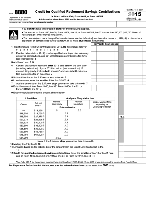 Fillable Form 8880 - Credit For Qualified Retirement Savings Contributions - 2015 Printable pdf