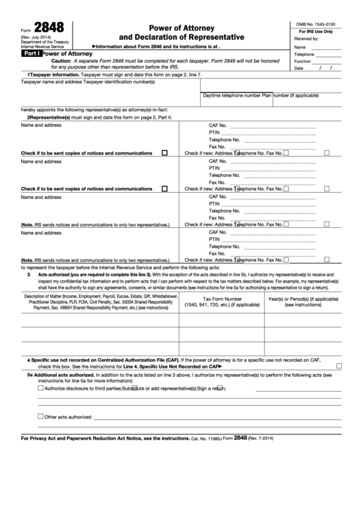 Fillable Form 2848 - Power Of Attorney And Declaration Of Representative Printable pdf