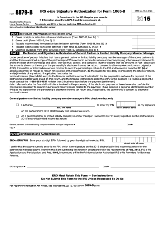 Fillable Form 8879-B - Irs E-File Signature Authorization For Form 1065-B - 2015 Printable pdf