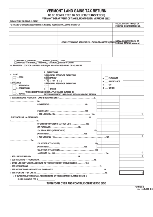 Fillable Form Lg-2 - Vermont Land Gains Tax Return Printable pdf