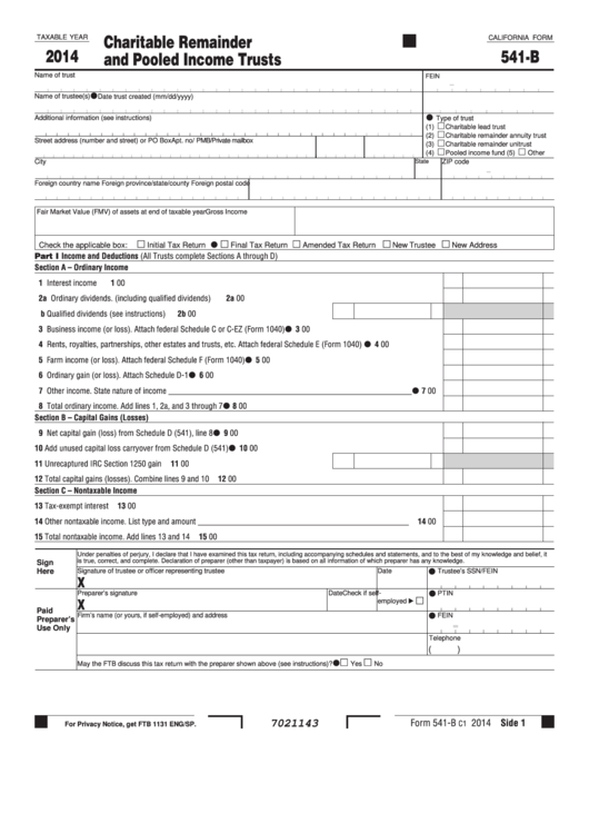 California Form 541-B - Charitable Remainder And Pooled Income Trusts - 2014 Printable pdf