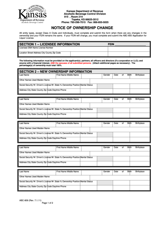 Fillable Form Abc-809 - Notice Of Ownership Change Printable pdf
