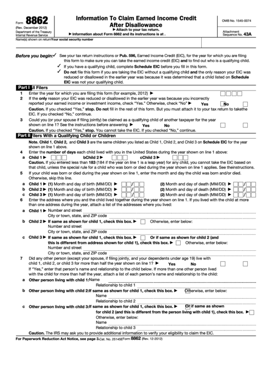 Fillable Form 8862 - Information To Claim Earned Income Credit After Disallowance Printable pdf
