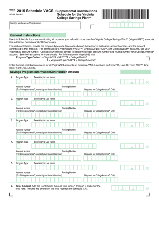 Fillable Schedule Vacs - Supplemental Contributions Schedule For The Virginia College Savings Plan - 2015 Printable pdf