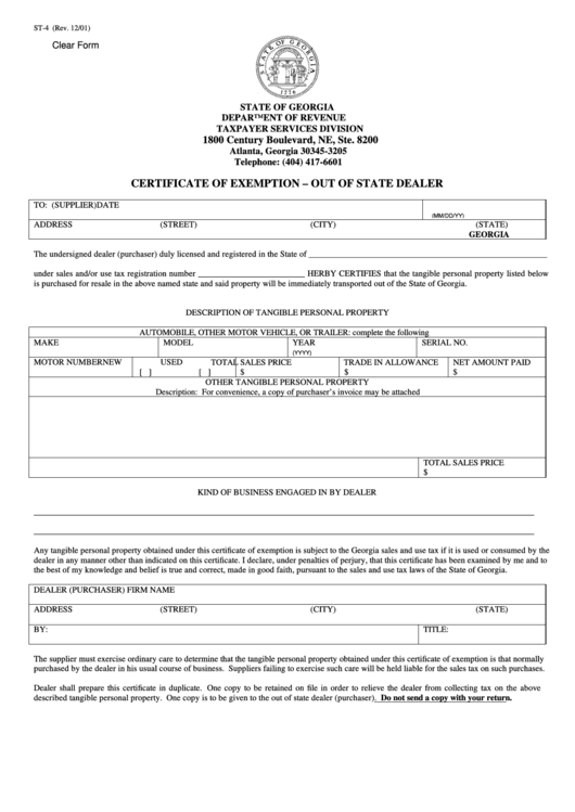 Fillable Form St-4 - Certificate Of Exemption - Out Of State Dealer Printable pdf