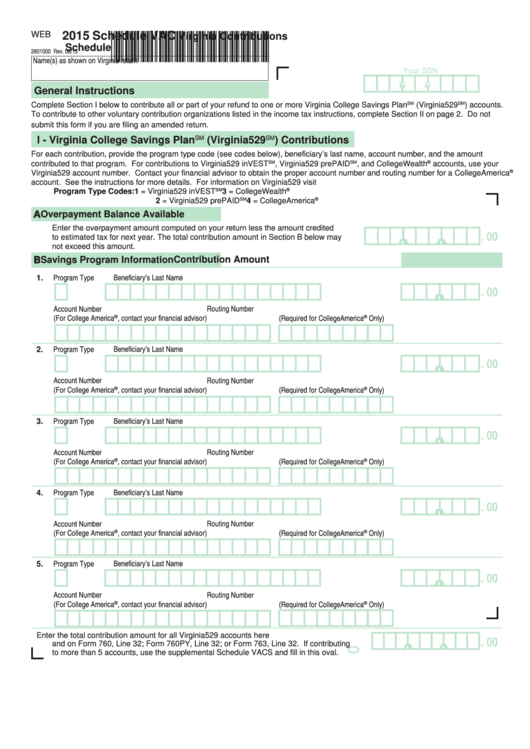 Fillable Schedule Vac - Virginia Contributions Schedule - 2015 Printable pdf