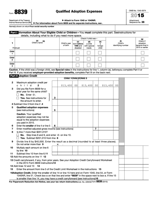 Form 8839 - Qualified Adoption Expenses - 2015