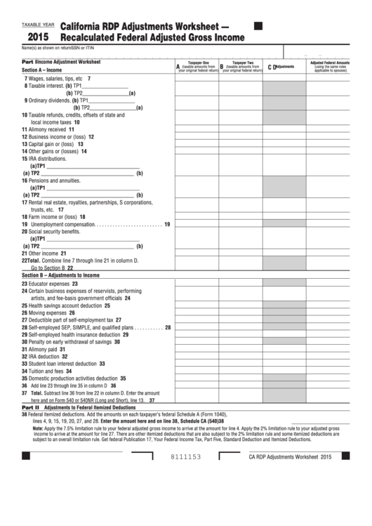 California Rdp Adjustments Worksheet Form - Recalculated Federal Adjusted Gross Income - 2015 Printable pdf