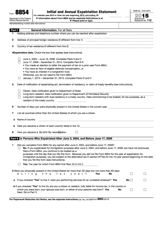 Fillable Form 8854 - Initial And Annual Expatriation Statement - 2015 Printable pdf