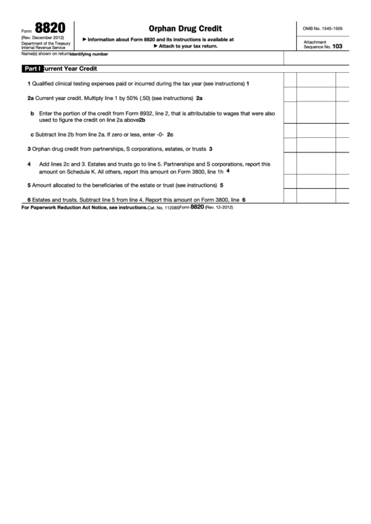 Fillable Form 8820 - Orphan Drug Credit Printable pdf