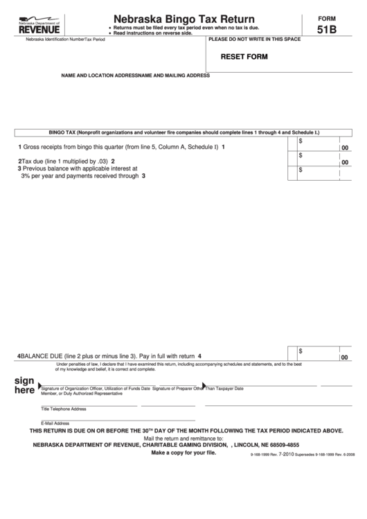 Fillable Form 51b - Nebraska Bingo Tax Return Printable pdf
