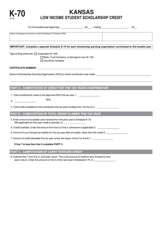 Fillable Worksheet Form K-70 - Low Income Student Scholarship Credit Printable pdf